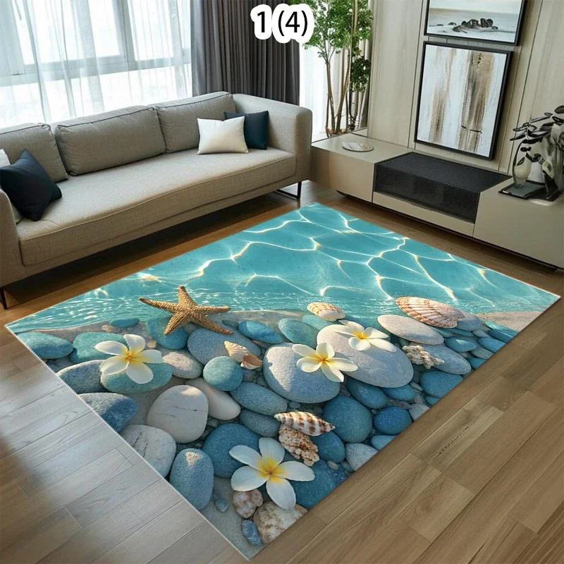 Beach Pebble Starfish Area Rug Summer Ocean Water Seaside Non-Slip Floor Carpet Nautical Home Decor for Living Room Bedroom