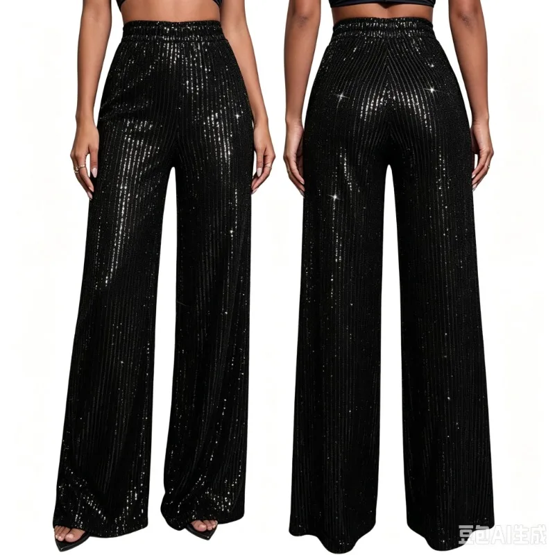 Women Sequin Pants Sparkly Glitter High Waisted Wide Leg Flare Trousers Elastic Waist Party Club Night Out Palazzo Pants 2026