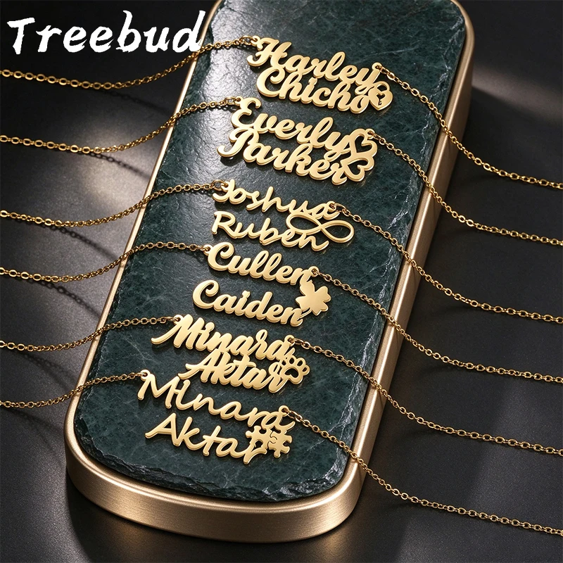 Treebud Custom Double Name Necklace Stainless Steel for Family Friend Different Patterns Necklace Jewelry Christmas Gift