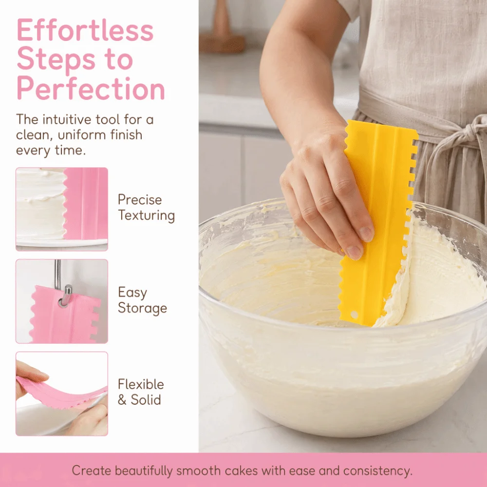 4Pcs PP Cake Scraper Set 8 Inch Sawtooth Edge Cake Decorating Comb Multi-Style Pattern Hanging Hook Design Mousse Cake Tool