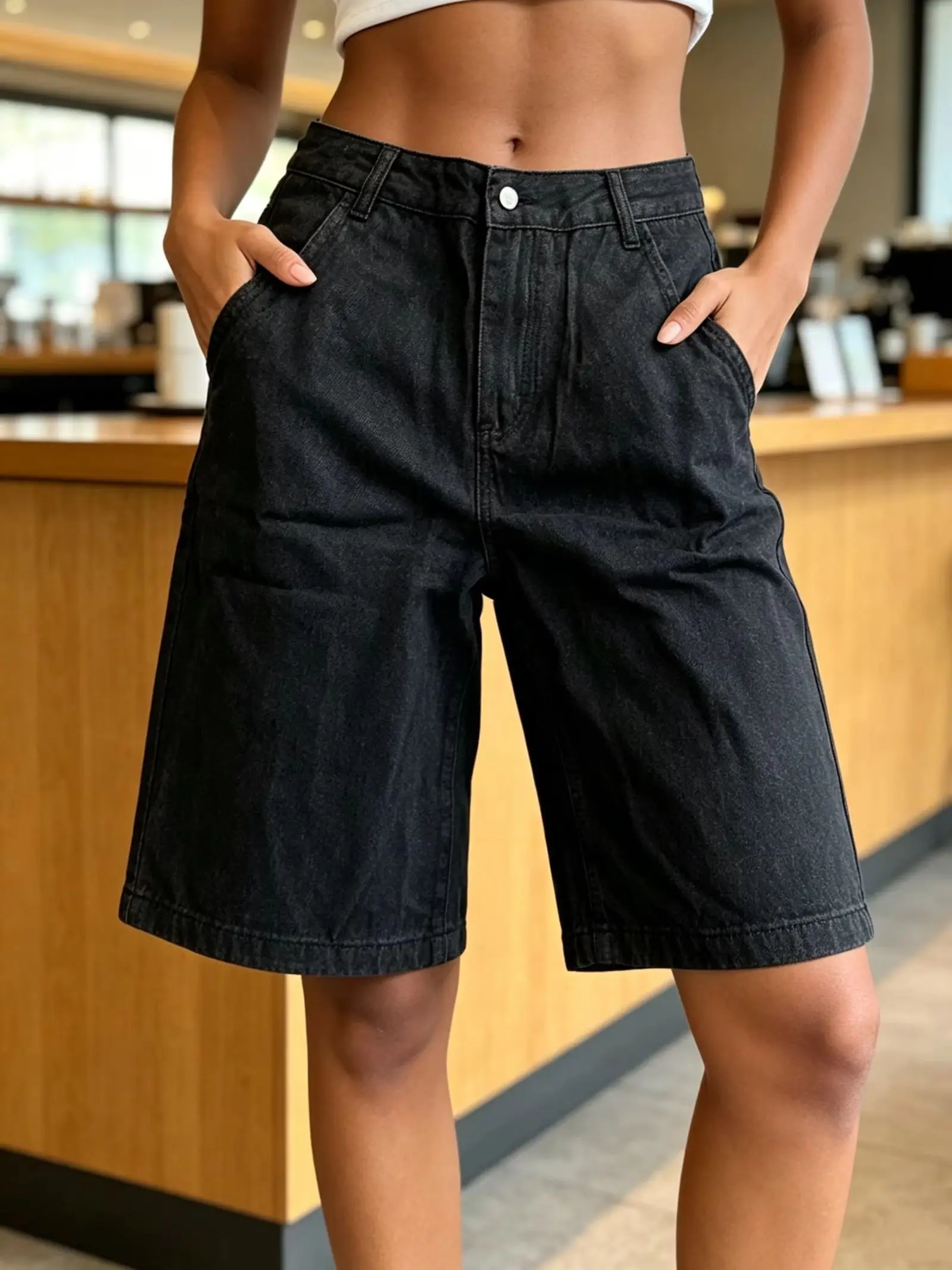 Women's Black Raw Denim Cropped Wide Leg Shorts Summer American Street High Waist Print Back Pocket Loose Slim Denim Capri Pants