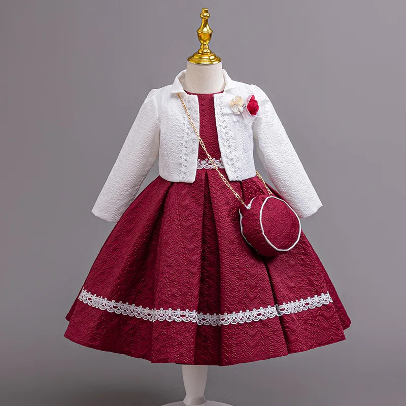 Autumn/Winter Long Sleeve Girl Party Dress Elegant Lace Christmas Formal Gown Gift with Bag for Kids Children 2-8Y