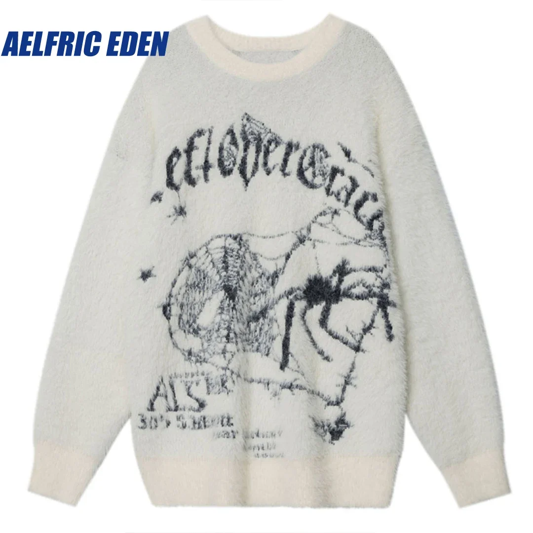 

Aelfric Eden Knitted Graphic Fluffy Fuzzy Jumper Hip Hop Spider Sweater Y2K Harajuku Streetwear Men Punk Goth Pullover Knitwear