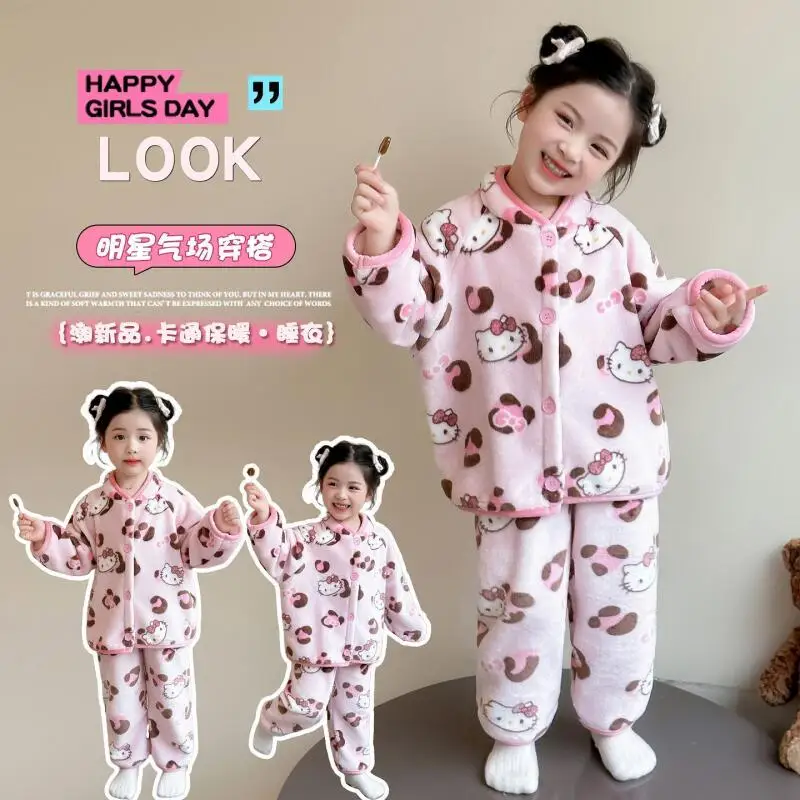 

Sanrios пижамы Hello Kittys, 2 шт., новый стиль, детская осенне-зимняя мода, утолщенный детский кавайный повседневный кардиган, домашняя одежда, теплый костюм