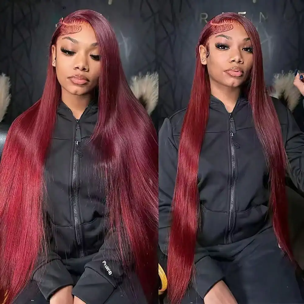 

Бордовые парики из натуральных волос 99J с кружевной передней частью, плотность 200%, 13x4, бразильские, из девственных волос, предварительно прорезанные, с детским волосом