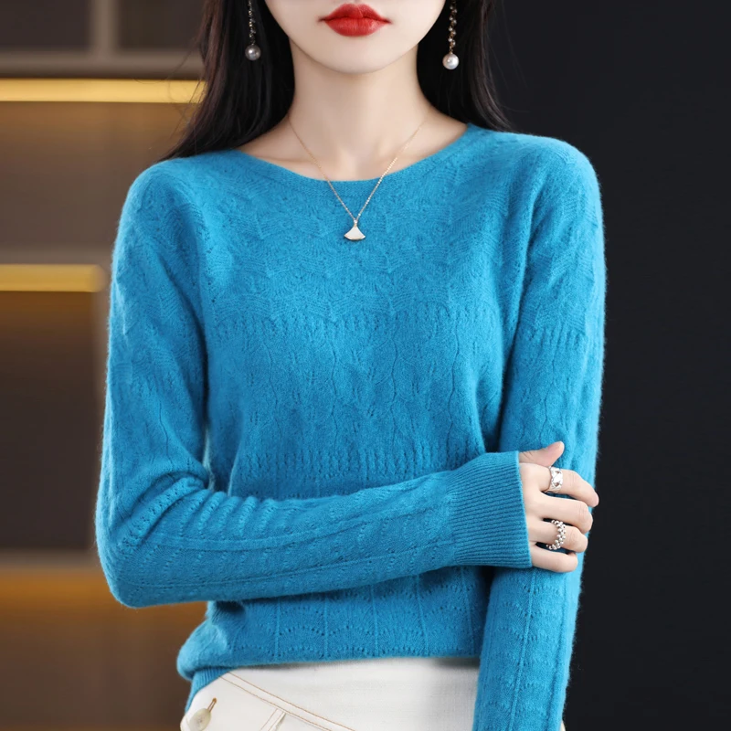 Spring Autumn New 100 Pure Wool Women's Round Neck Pullover One-line Ready-to-wear Hollow Knitted Long Sleeve Top Loose Cashmere