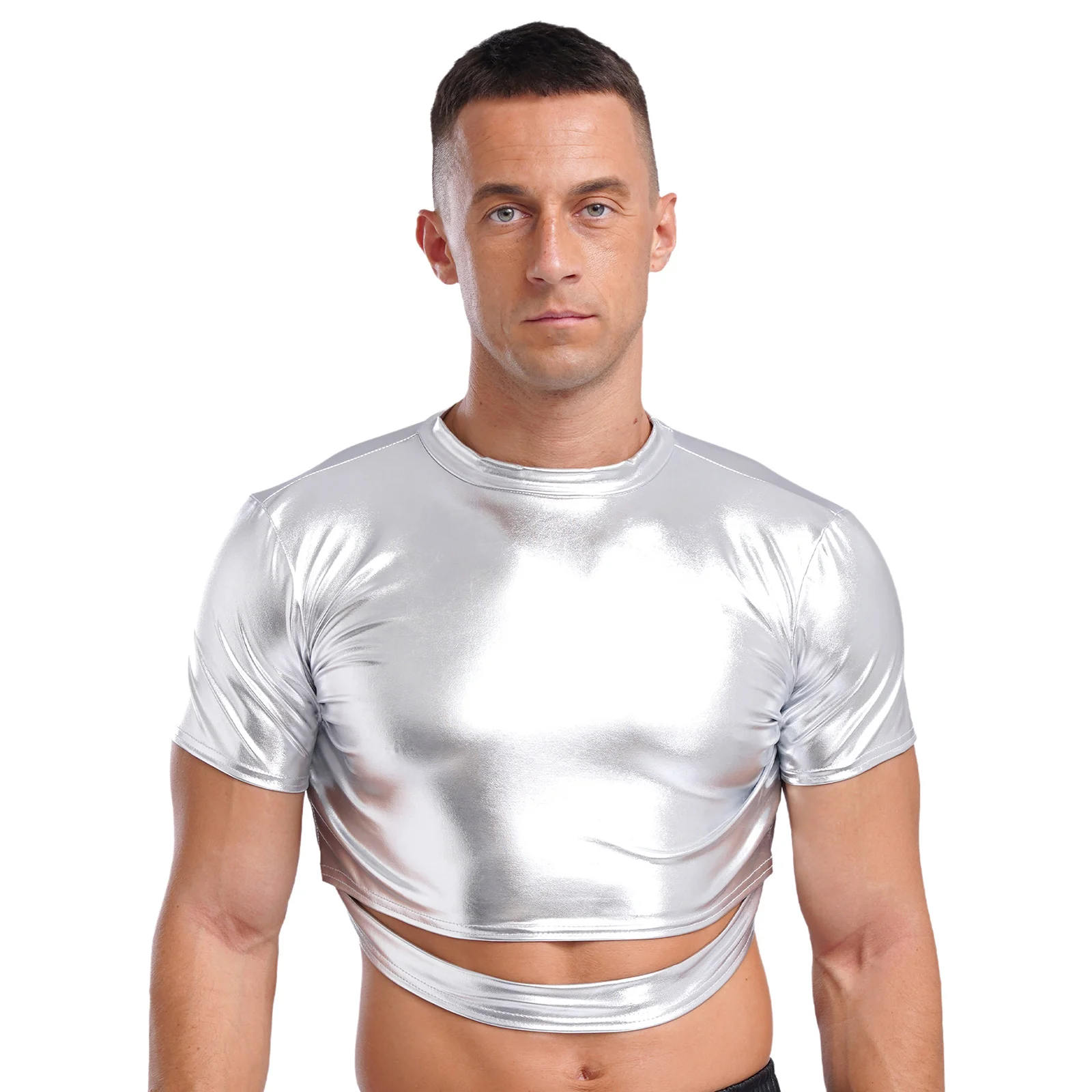 Mens Metallic Shiny Slim Crop Top Mock Neck Short Sleeve Cut Out Shirts Tops Fashion Blouses for Jazz Dance Disco Party Clubwear