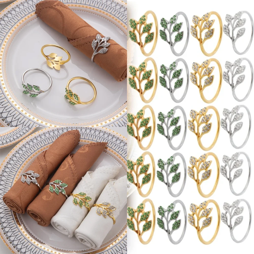 Hotel Table Banquet Decoration Point Diamond Napkin Ring with Green Leaves Design High Grade Metal Ring New Napkin Buckle