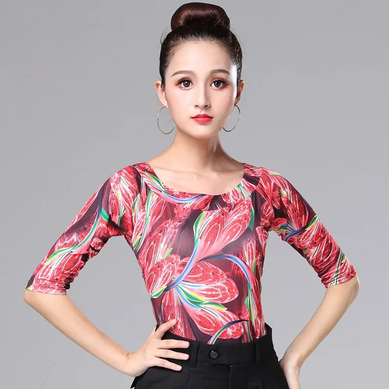 Latin Dance Advanced Printed Half Sleeved Top Women's Chacha Tango Samba Professional Practice Clothes Adult Modern Dancing Tops