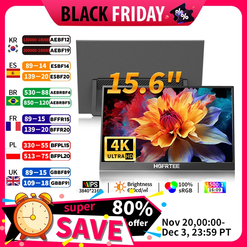 

HGFRETEE 15,6-дюймовый портативный монитор 4K UHD 100%sRGB второй экран 600cd/m2 расширенный дисплей для ноутбука Mac PS5/4 Xbox Switch