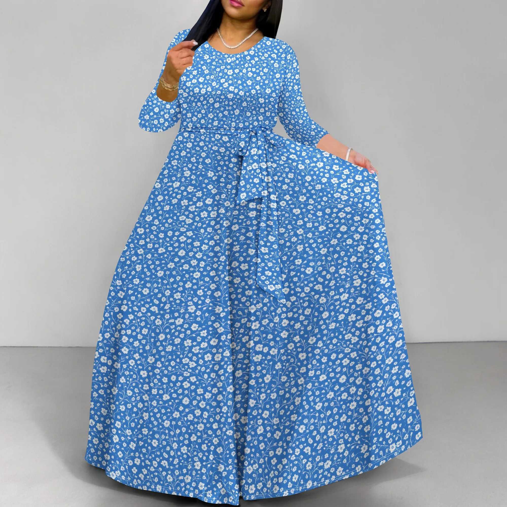 Vestido largo de otoño de talla grande de manga larga para mujer con curvas, cuello redondo, manga 3/4, vestido largo de cóctel