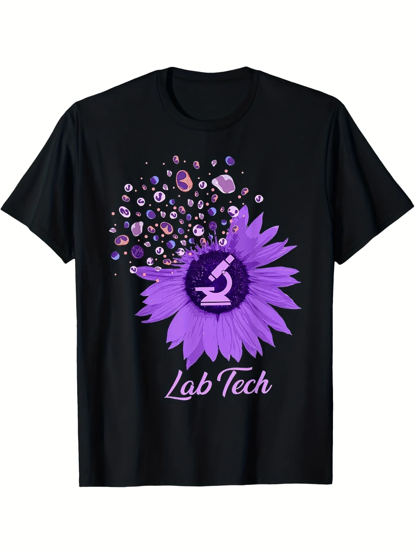 Lab Tech Sunflower and Microscope Medical Theme T-Shirt | High Stretch, Retro Science Lab Coat Design with DNA/RNA/Protein Graph