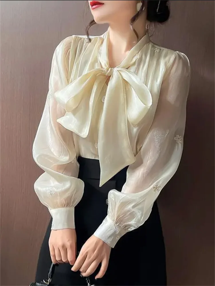 Bow Women\'s Blouses Thin Shirts Transparent Shirt Vneck Cardigan Ladies Blous Embroidery Top Grace Office Ladies Blouse