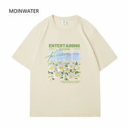 MOINWATER Women New Beige Summer T shirts Female Flower Oil Painting Printed Tees Lady Cotton Casual Short Sleeve Tops MT2330