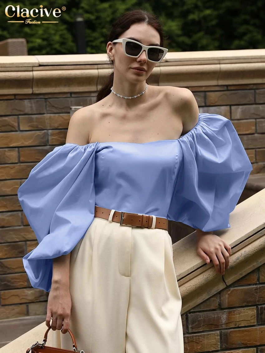 Clacive Fashion Loose Blue Women\'s Shirt 2025 Elegant Square Collar Puff Sleeve Shirts Casual Classic Solid Top Female Clothing