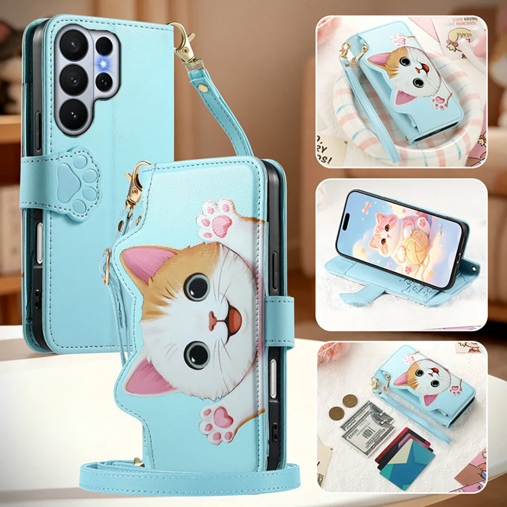 

For Samsung Galaxy S26 Ultra 5G Crossbody Emboss Cat Zipper Leather Wallet Case Samsung S26 Plus Case Phone S26 Pro S 26 Cover