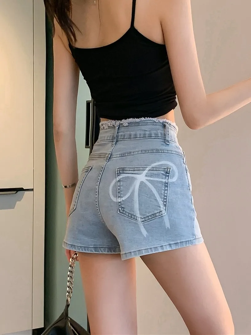 

ZHISILAO New Bow Print Denim Shorts Women Casual Tight Elastic High Waist Mini Jeans Shorts Summer 2024 Hot Shorts