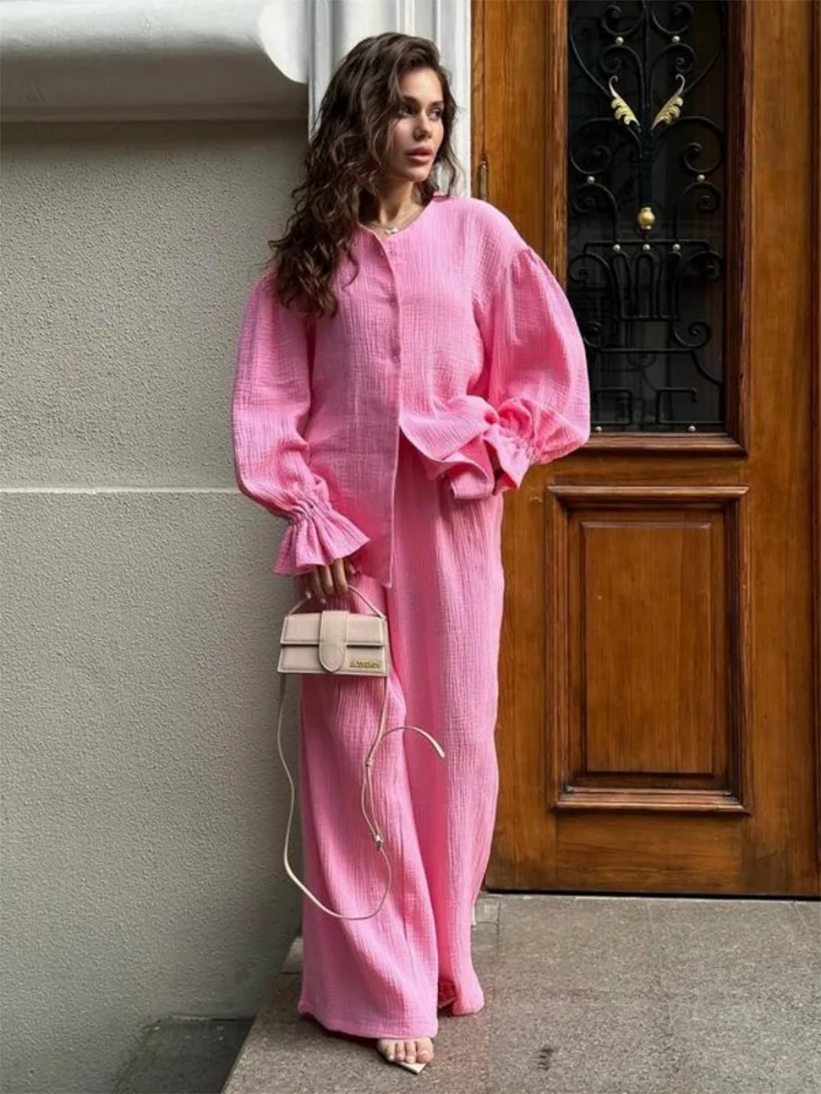 Wolfeel 여성용 신상품 2026 가을 100% 면 랜턴 슬리브 긴팔 세트 루즈 카디건 와이드 레그 팬츠 2피스 세트