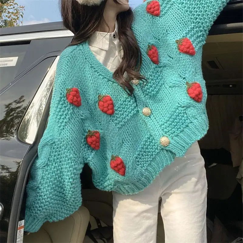 

2025 Korean Style Strawberry Sweet Cardigan Women Loose Long Sleeve Fashion Knitted Sweaters Wind Casual Female Soft Cardigans