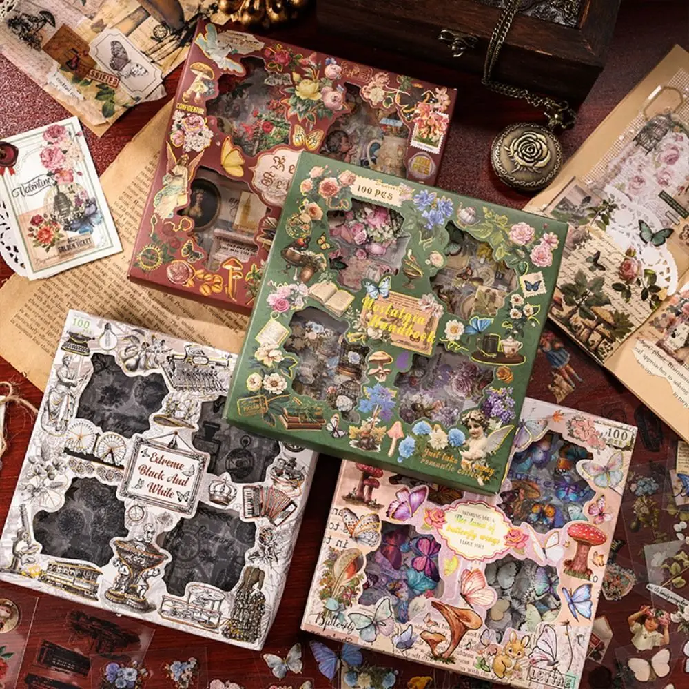 New PET Vintage Gift Box Stickers Stationery Cartoon DIY Handbook Stickers Material Scrapbooking Cartoon Decorative Stickers