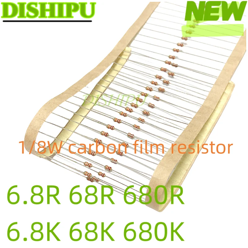 ตัวต้านทานฟิล์มคาร์บอน1/8W 1R 10R 100R 6.8R 68R 680R ฟิล์มยุโรปแหวนสี่สีความแม่นยำใน5% 1K 10K 100K 6.8K 68K 680K 1M 100ชิ้น