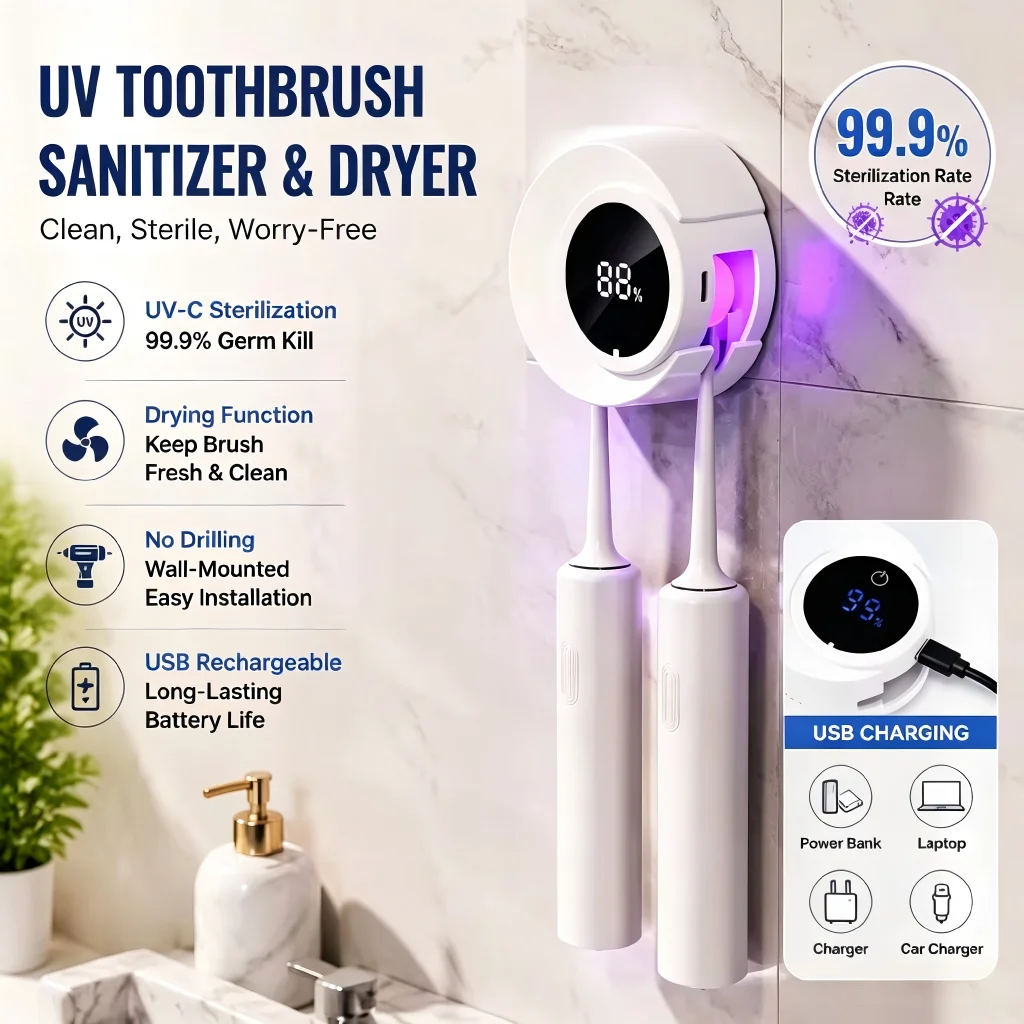 AiQUE Mini Esterilizador Portátil Recarregável UV para Escova de Dentes de Viagem, Suporte Elétrico para Secagem de Escova de Dentes sem Perfuração, Caixa de Desinfecção