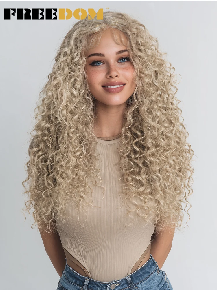 VRIJHEID Synthetische Lace Front Pruiken Voor Vrouwen 30 Inch Krullend Kant Pruik Met Baby Haar Omber Bruin Blond Gember Cosplay pruiken - afbeelding 2