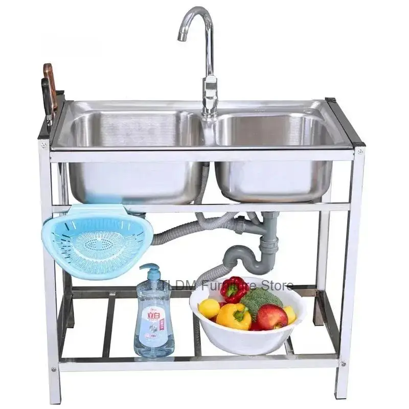 Kitchen Washbasin Floor-standing Bracket Double Steel Bowls Sink With Washing Multifunctional Basin Thickened Stainless Basin