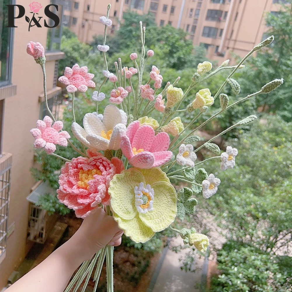

Розовый вязаный крючком букет цветов ручной работы украшение дома пион тюльпан кукурузный мак искусственные искусственные вязаные цветы подарки на день рождения