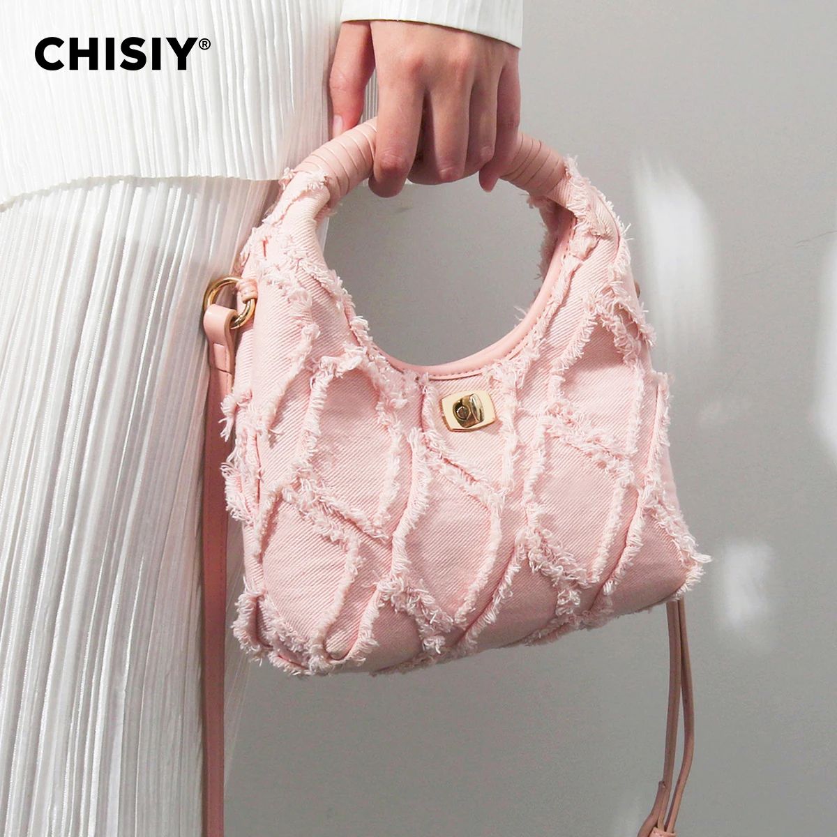 CHISIY Original Handmade Barbie Pink Woven Twisted Lock Bohemian Women\'s Handbag Vacation Bag Summer Valentine\'s Day Gift