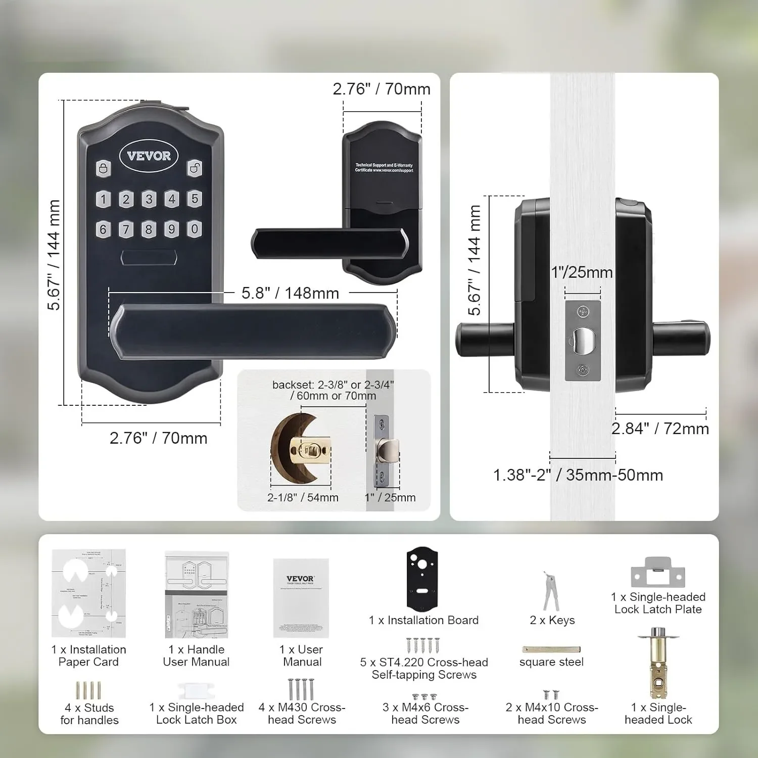 Keyless Entry Door Lock, Electronic Keypad Entry Lever, Password and Key Unlock Combination Door Lock, Matte Black