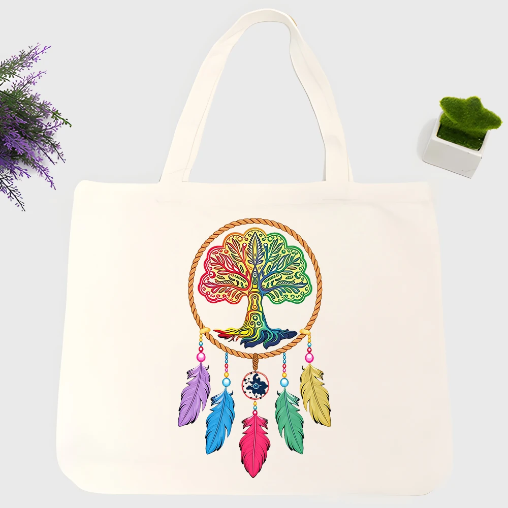 Women's dreamcatcher tree graphic canvas tote bag, bohemian style for daily shopping and casual outings