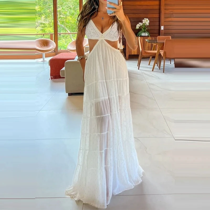 

Trendy Bohemian Hollow Out Halter Evening Dress Casual Sleeveless Fit Swing Vacation Maxi Dress Elegant Lady Solid Spliced Dress