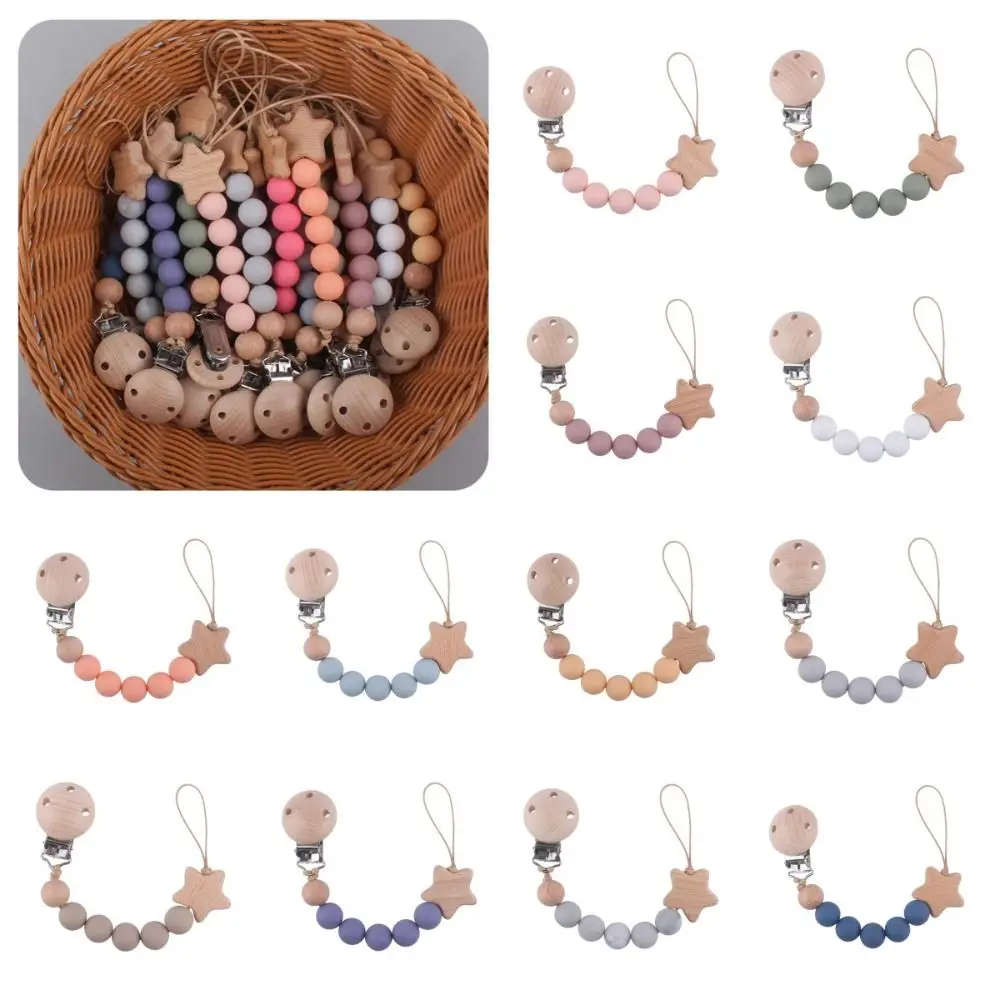 Pacifier Clips Chain Silicone Beads BPA Free DIY Dummy Clip Holder Star Wooden Clip Soother Chains Baby Teething Toys Chew Gifts