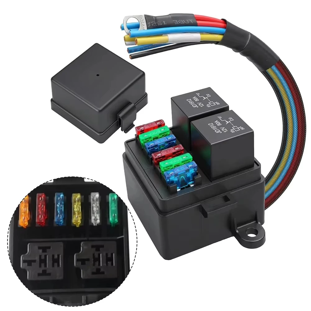 

12V 6 Way Fuse and Relay Box 2 Relays IP65 Waterproof Dustproof Nylon Automotive Fuse Relay Block Pre-Wired for Car RV Truck