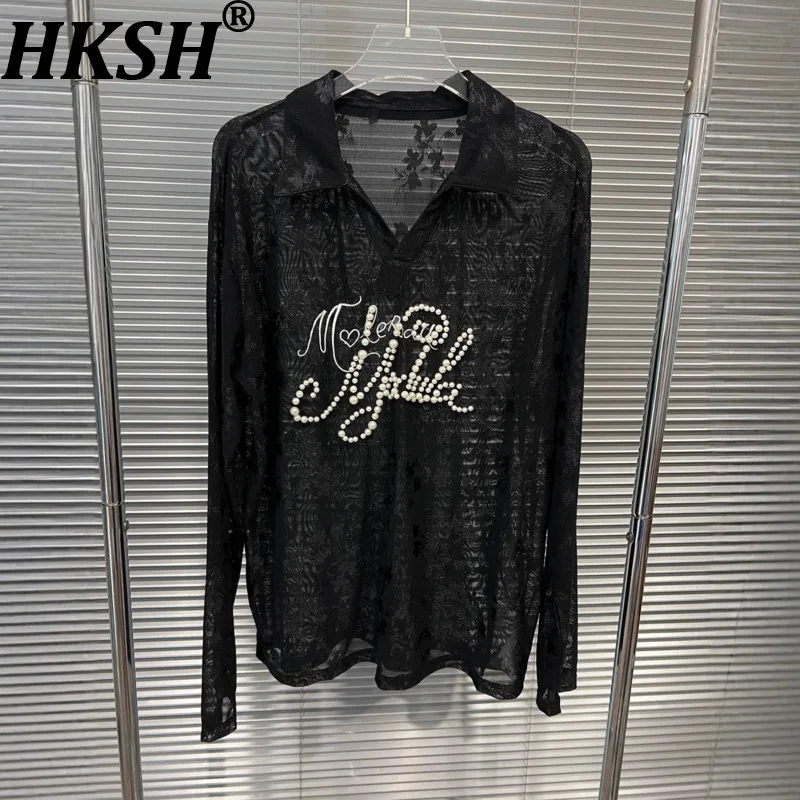 

HKSH Autumn New Women Tide Shirt Turn-down Collar Long Sleeve Pullover Beaded Embroidery Lace Sheer Streetwear Sexy Tops HK10561