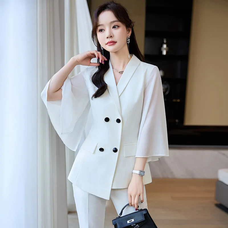 

Summer Women Suit Pants Set 2 Piece Blazer+Trousers V Neck Big Sleeves Formal Office Lady Work Jacket Coat Prom Dress