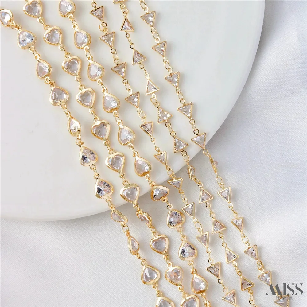 

14K Gold Inlaid Zircon Triangle Love Handmade Chain DIY Crystal Loose Chain Bracelet Necklace Accessories
