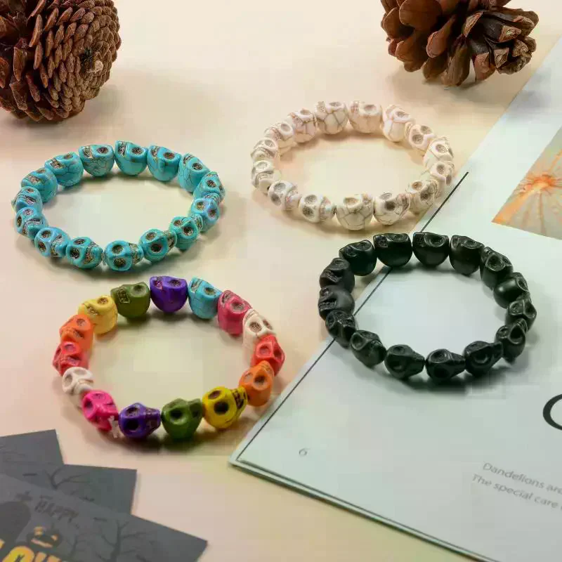 Colorful Skull Skeleton Bead Elastic Strand Bracelets Head Bone Stone Seed Delicate Gothic Charm Jewelry