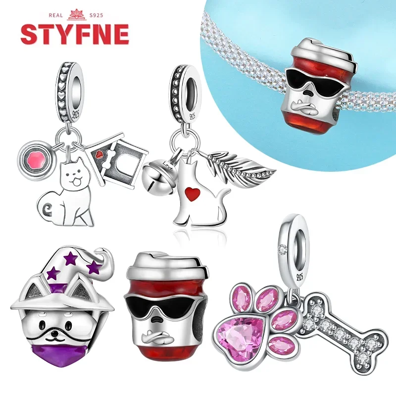 Real Silver S925 Pet Cat Dog Charms Heart Love Beads Fit Original Bracelets DIY Birthday Jewelry Gifts for Women Daily Matching