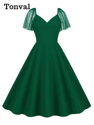 Tonval Elegant Green Plain Birthday Summer Dress V-Neck Mesh Sleeve Evening Cocktail Party Women Vintage Swing Dresses