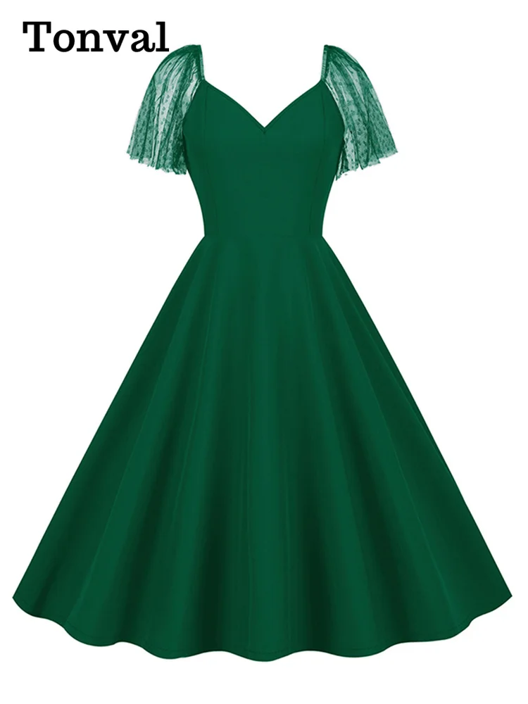 Elegancka zielona sukienka na urodziny, letnia, z dekoltem w serek, siateczkowymi rękawami, wieczorowa, koktajlowa, damska, vintage, rozkloszowana.