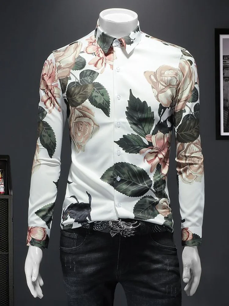 Men's New 2023 Flower Autumn Shirt Fashion Casual Long Sleeve Trendy Slim Fit Elegant Clothing Free Shipping Casual 21Q2677