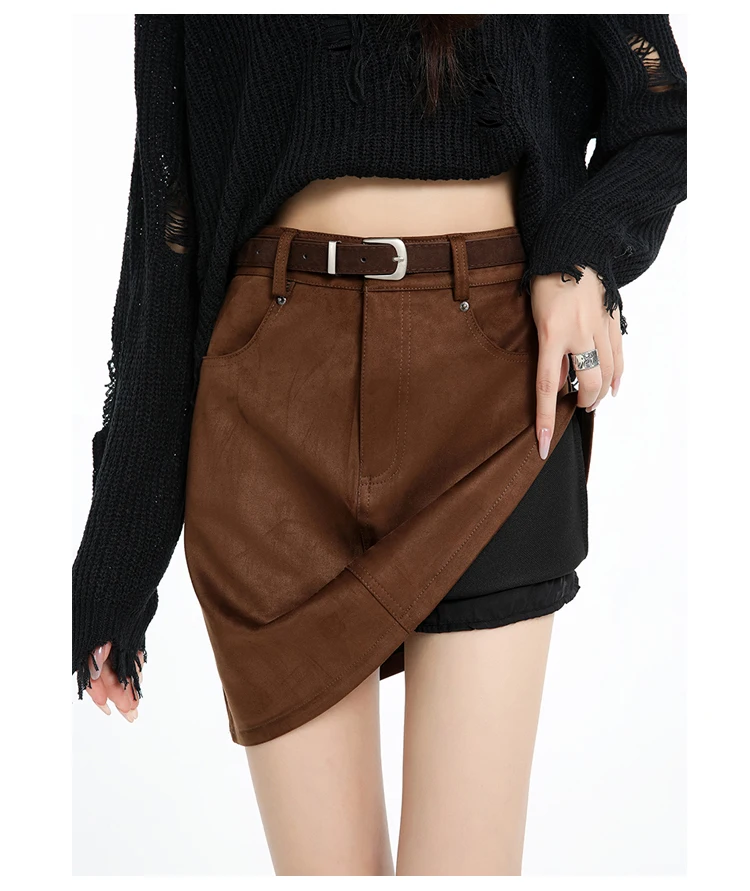 Spódnica z futra jelenia w stylu Y2K, damska, z wysokim stanem, krótka, rozkloszowana, modelująca sylwetkę, retro, pół-sukienka, jesień-zima