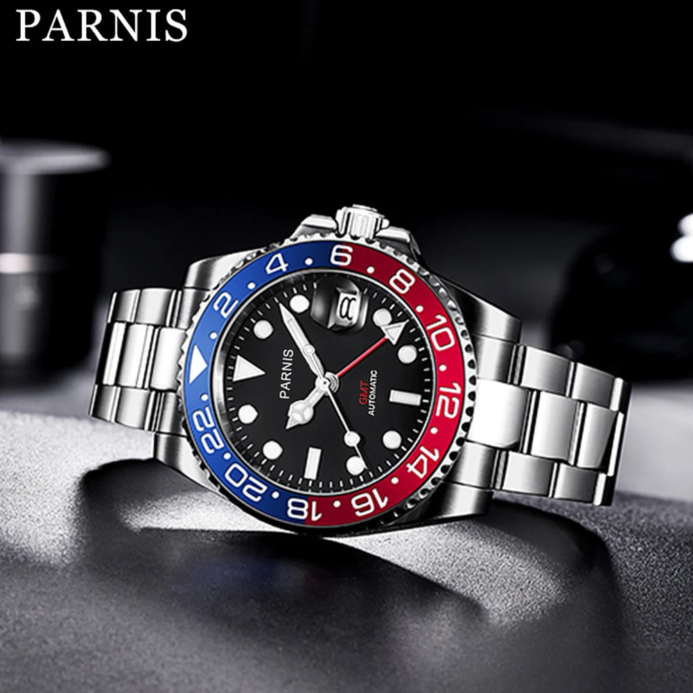 Parnis 40mm Men นาฬิกาข้อมือสแตนเลส GMT นาฬิกากระจกแซฟไฟร์