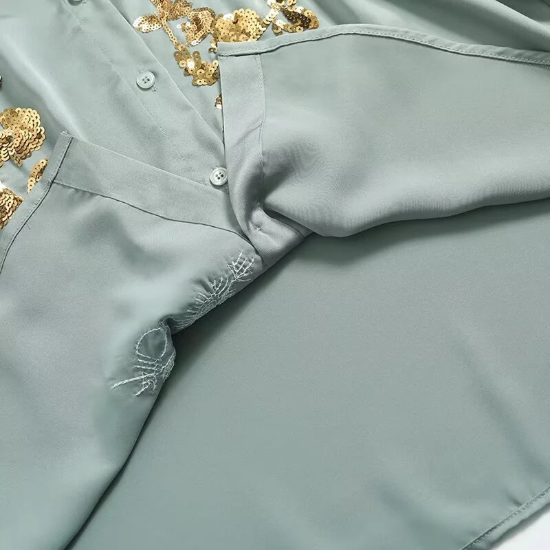 KEYANKETIAN 2025 Spring New Women's Sequined Decoration Satin Blouse Single Breasted Loose Long Sleeve Shiny Shirt Female Top