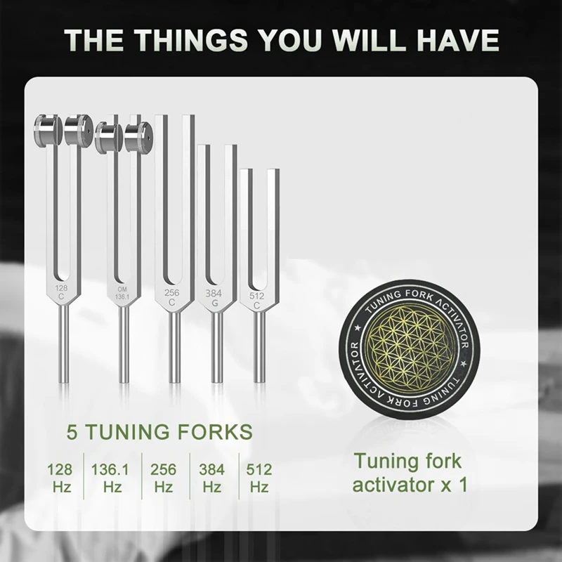 شوكة ضبط الرنين لمجموعة الشفاء، شوكة ضبط سبائك الألومنيوم 128 هرتز، 136.1 هرتز، 256 هرتز، 384 هرتز، 512 هرتز وعفريت الهوكي