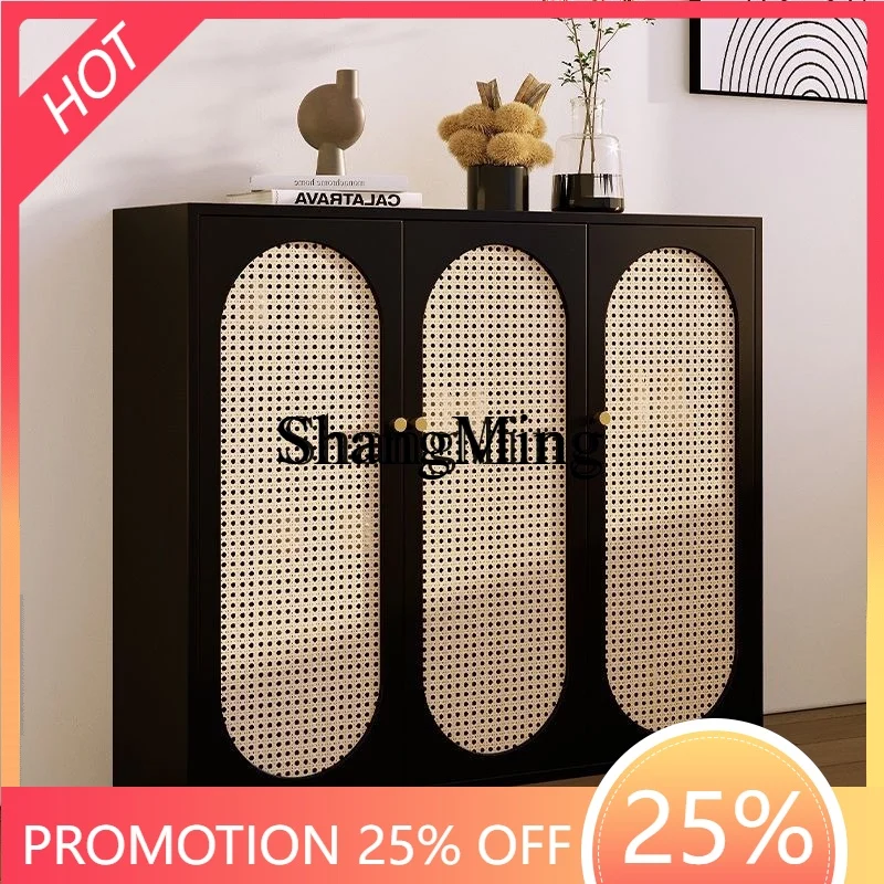 

ZYY exquisite solid wood rattan shoe cabinet for home use, small apartment, large capacity storage, black retro shoe rack.