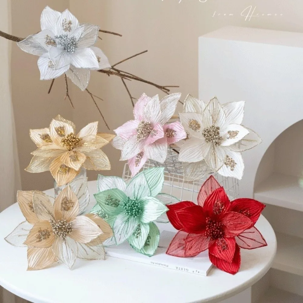 

Velvet Artificial Christmas Flower 25cm Sequins Glitter Christmas Poinsettia Beautiful Realistic Christmas Tree Ornaments