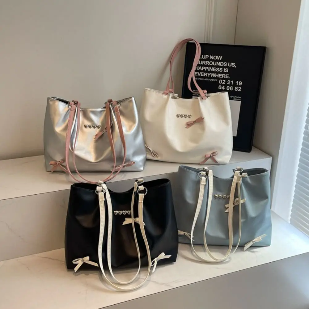 

Casual Korean Style Balletcore Bow Handbag Simple PU Leather Bow Tie Shoulder Bag Fashion Sweet Heart Underarm Bag Shopping